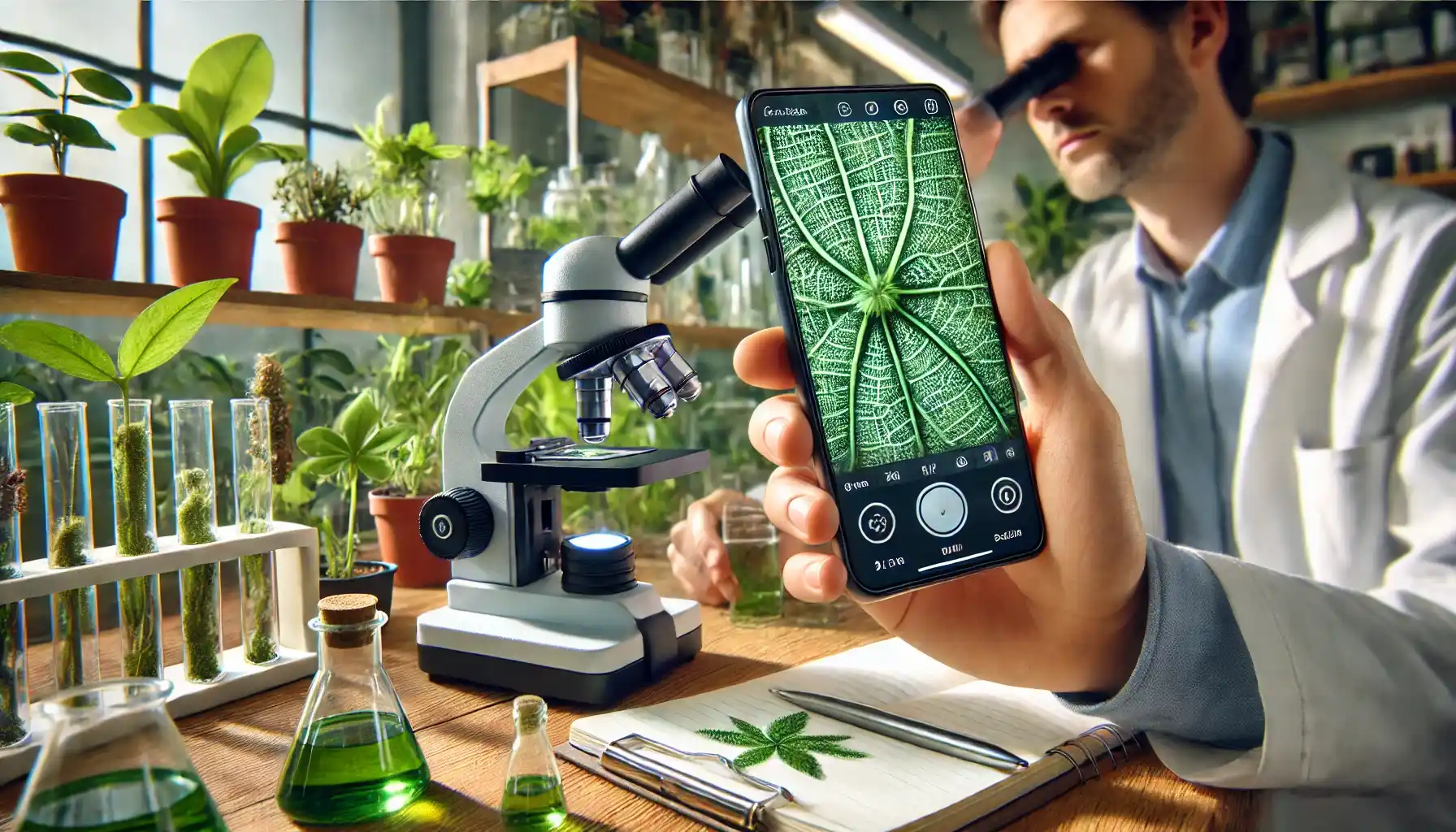 A person using a smartphone as a digital microscope. The phone is equipped with an attached macro lens, showing a highly magnified view of a leaf’s cellular structure on the screen. 