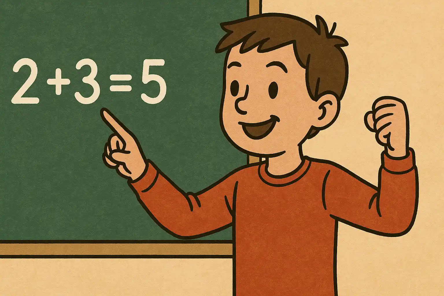 Child confidently solving a math equation correctly on a school blackboard.