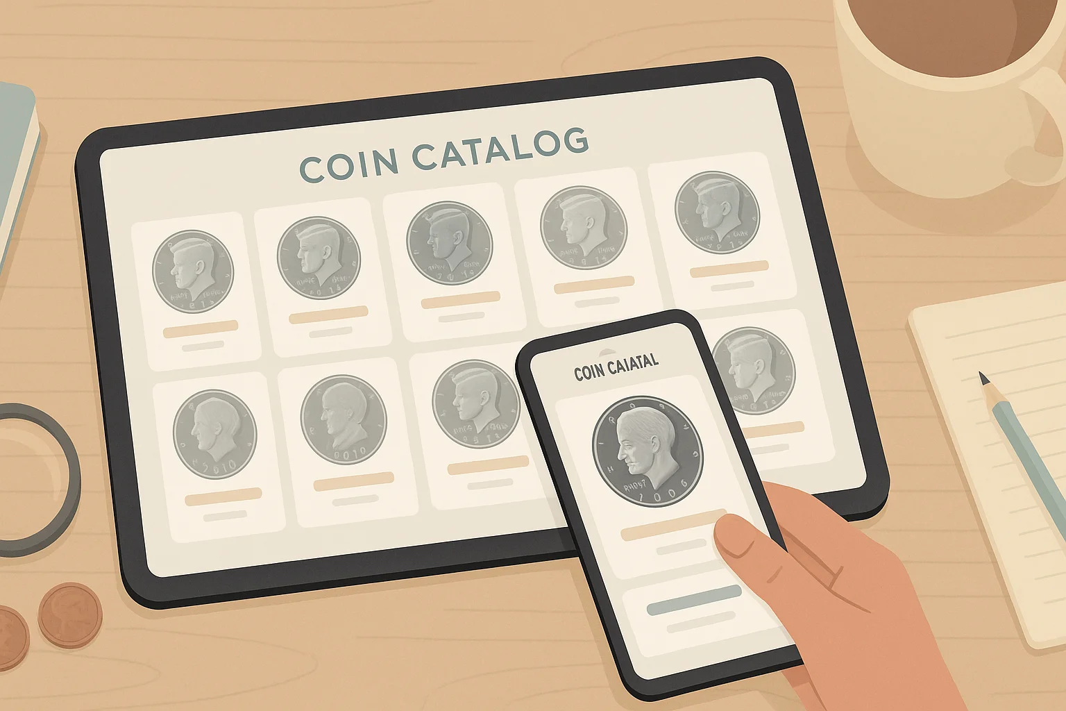 A digital coin catalog displayed on a tablet.